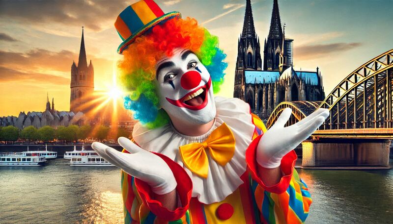 Clown vor Rhein und Dom, der entschuldigend die Schulter zuckt