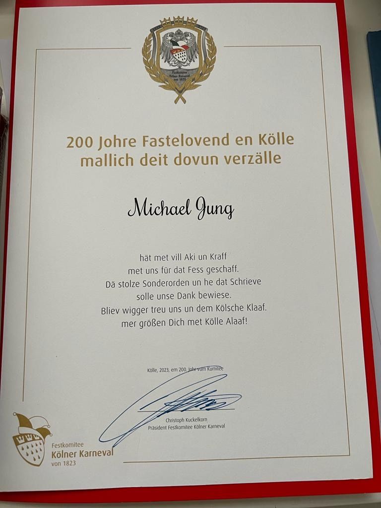 Urkunde zum Sonderorden des Festkomitees